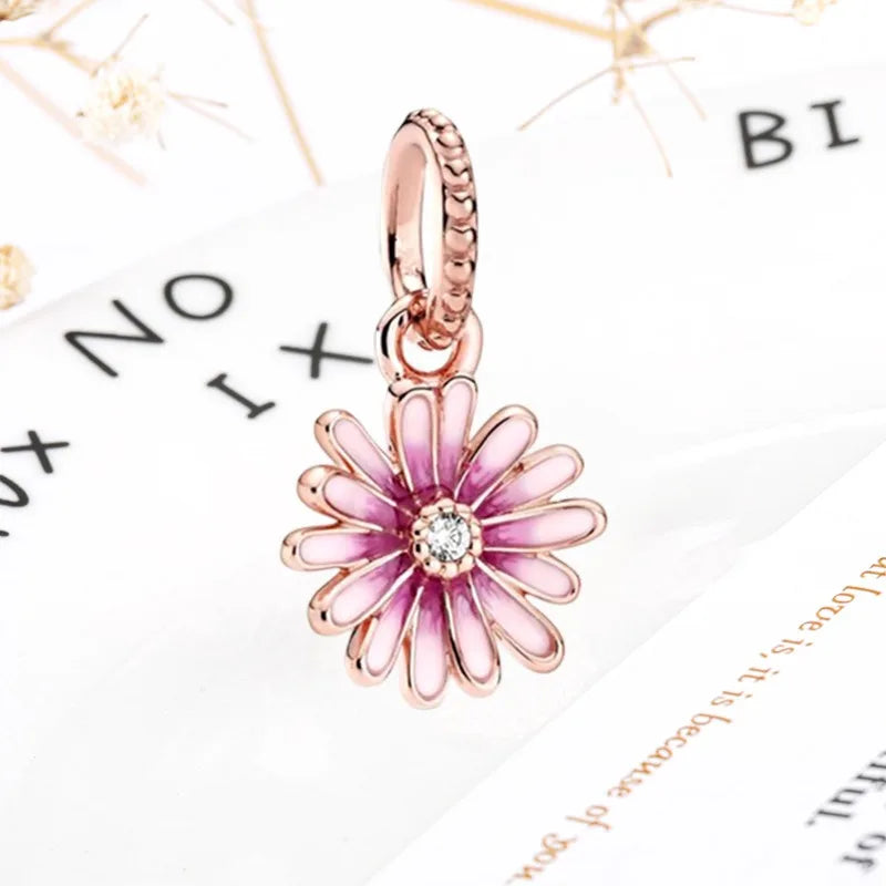 Rose Gold Winged Angel Heart Charm Bead Pink Daisy Spacer