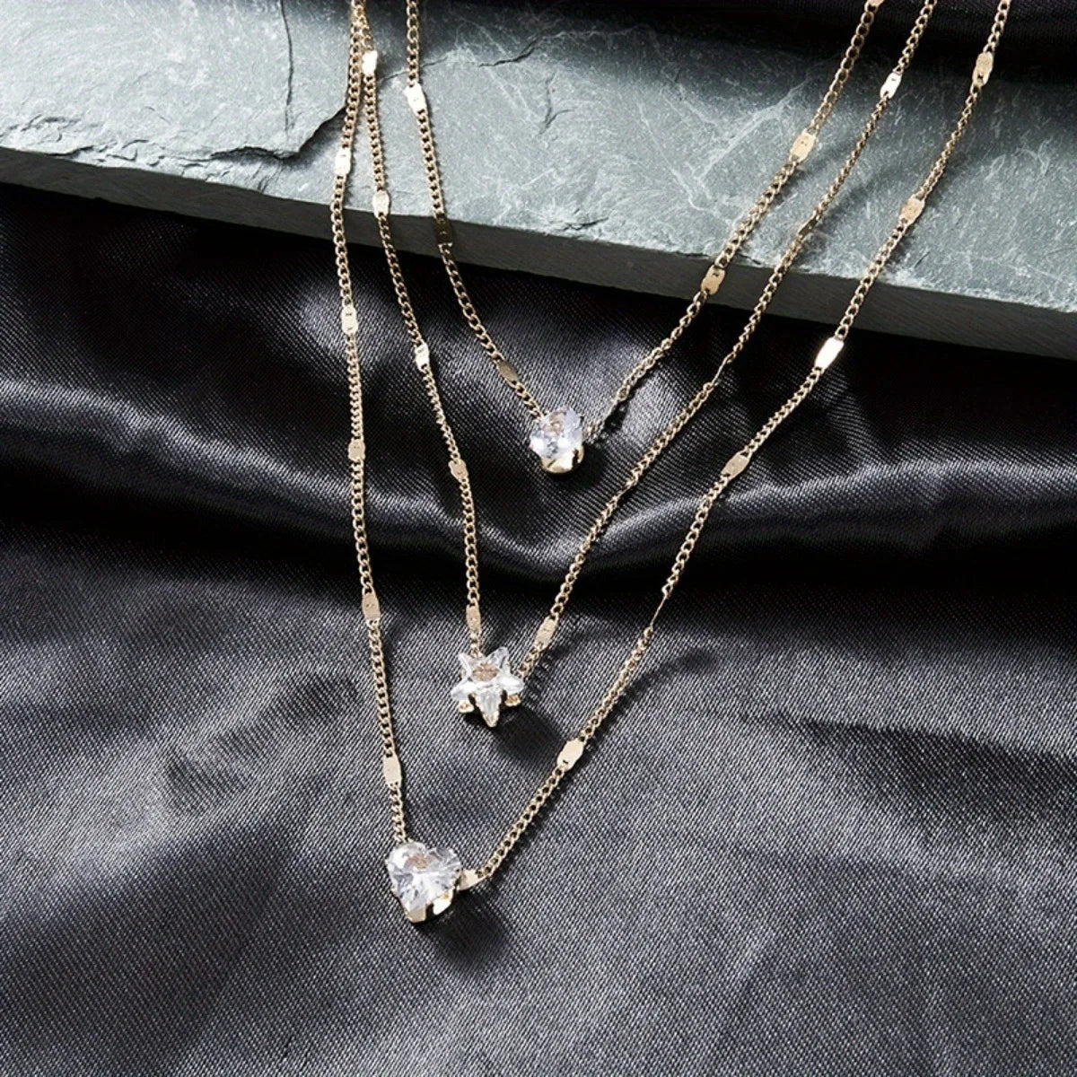 Multi-Layer Star and Heart Water Drop Pendant Necklace for Women - Alloy and Glass Design