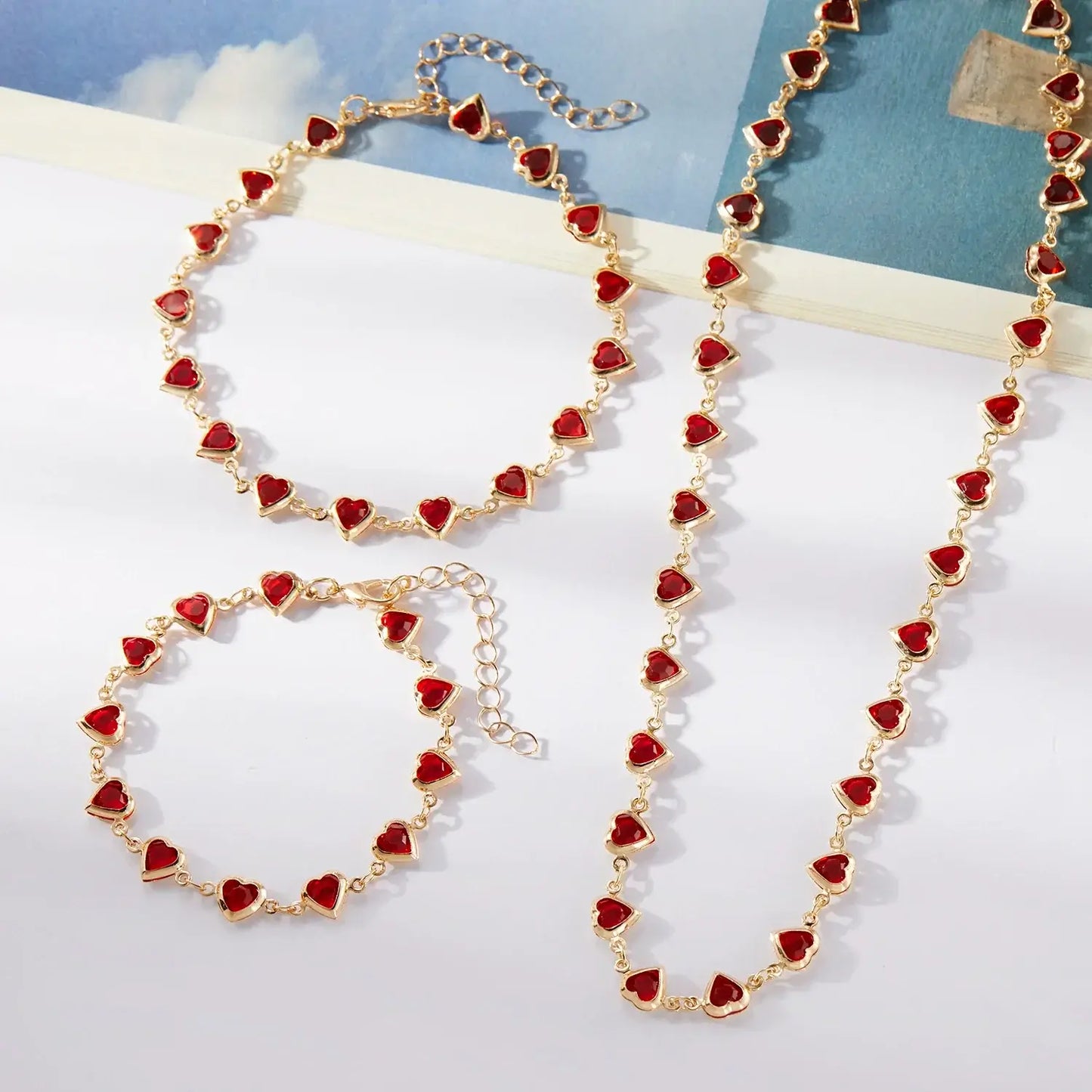Vintage Red Blue Crystal Heart Bracelets for Women