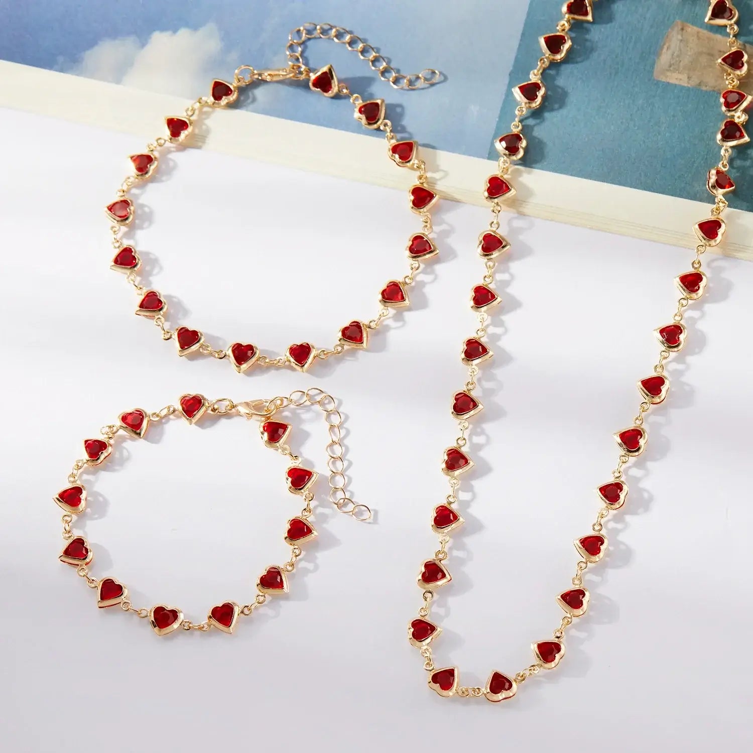Vintage Red Blue Crystal Heart Bracelets for Women