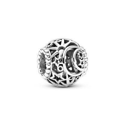 Sterling Silver Pave Star Crescent Moon Bead Bracelet