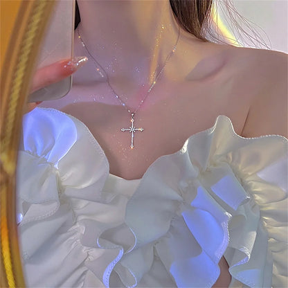 Elegant Crystal Cross Pendant Necklace Silver Star Jewelry for Women NJ-1034