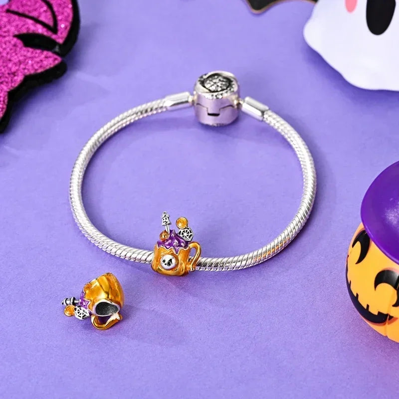 925 Sterling Silver Halloween Charms Set Pumpkin Skull Witch Ghost Beads for Bracelet Necklace Jewelry