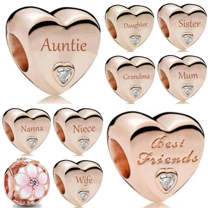 European Rose Gold Heart Charm Bead for Women Perfect for Mother's Day Bracelet and Necklace Jewelry