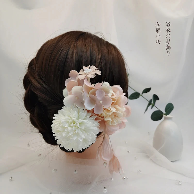 Japanese Handmade Fabric Flower Kimono Hairpin with Tassel for Weddings and Festivals
