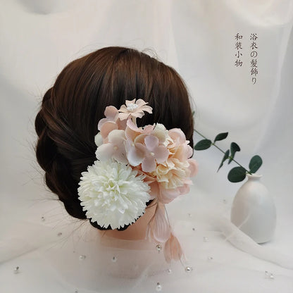 Japanese Handmade Fabric Flower Kimono Hairpin with Tassel for Weddings and Festivals