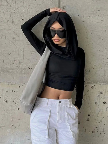 Womens Hooded Crop Top Long Sleeve Solid Cowl Neck Slim Fit