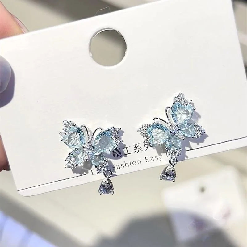 Inlaid Zircon Blue Pink Crystal Butterfly Drop Earrings for Women Stylish Water Drop Wedding Jewelry Ideal Birthday Gift
