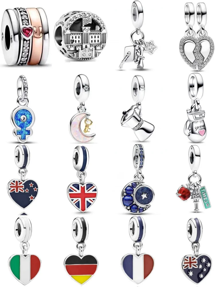 Hot Selling 925 Silver Heart Shaped Flag Pendant for European Bracelets Exquisite DIY Jewelry with Zircon
