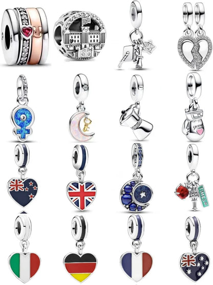 Hot Selling 925 Silver Heart Shaped Flag Pendant for European Bracelets Exquisite DIY Jewelry with Zircon