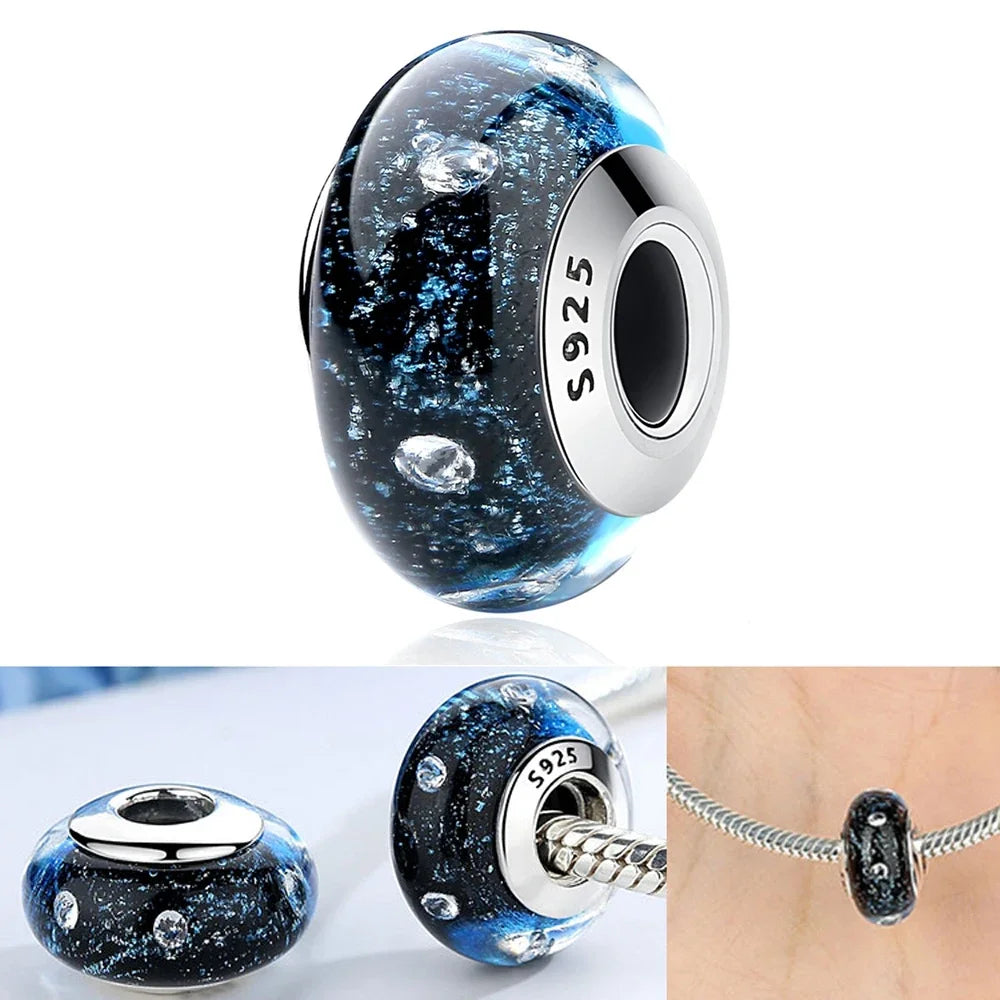 Colorful Flower Murano Glass Charm 925 Sterling Silver Top Rated DIY Jewelry for Bracelets and Necklaces LLZ016-BL