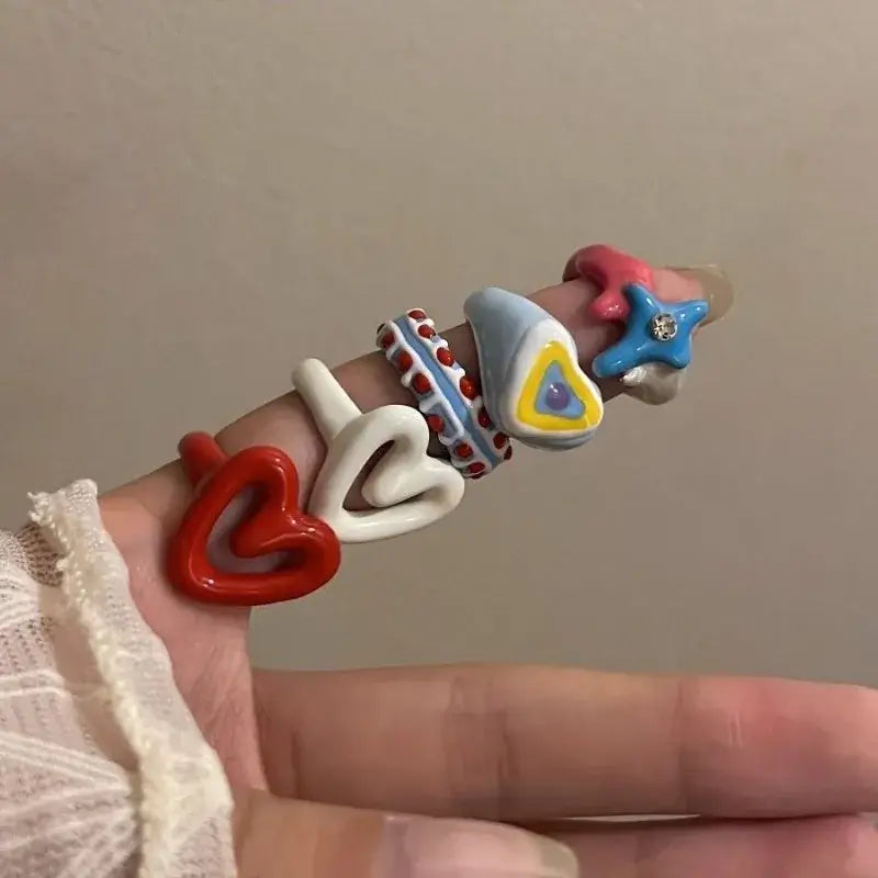 2025 Colorful Enamel Heart Sweet Ring Trendy Geometric Dripping Oil for Women