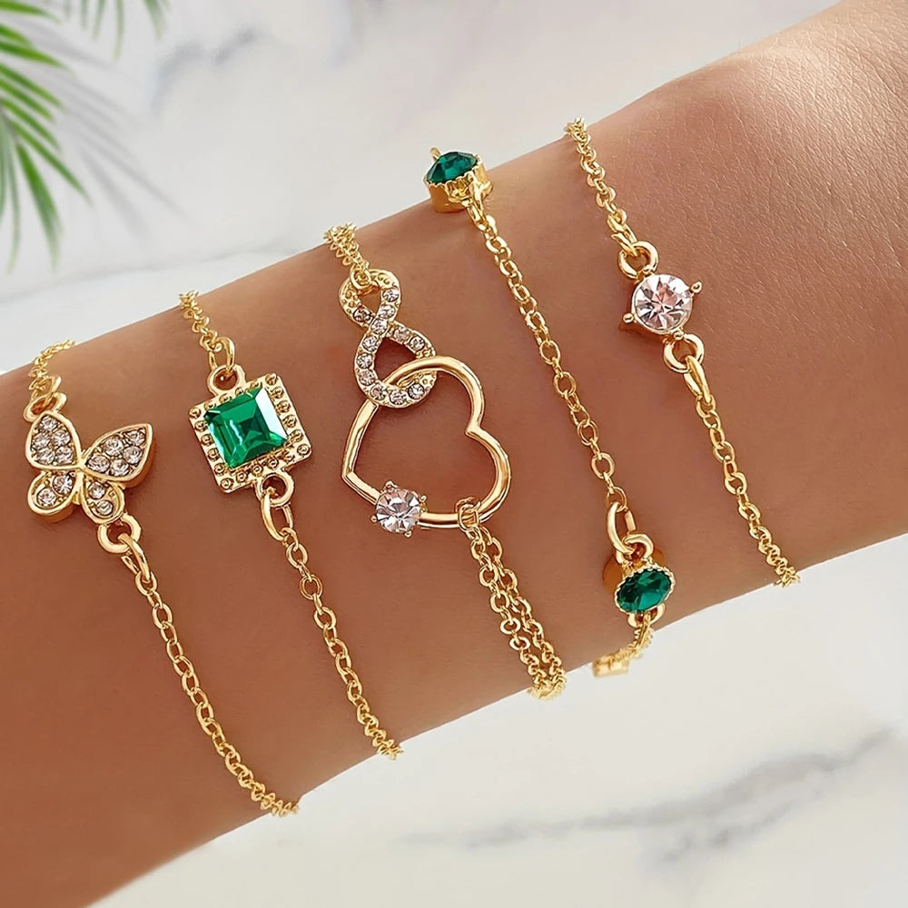 4-Piece Retro Green Diamond Bracelet Set - Versatile Fashion Accessory H449