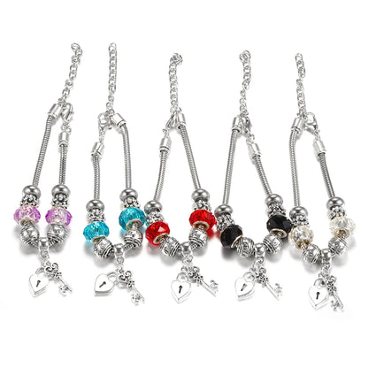 Elegant Heart Lock Charm Beaded Bangle Adjustable Snake Chain Bracelet for Women