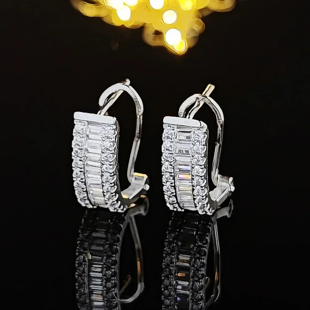 Elegant Princess Round Silver Korean Cubic Zirconia Stud Earrings for Women Anniversary Gift