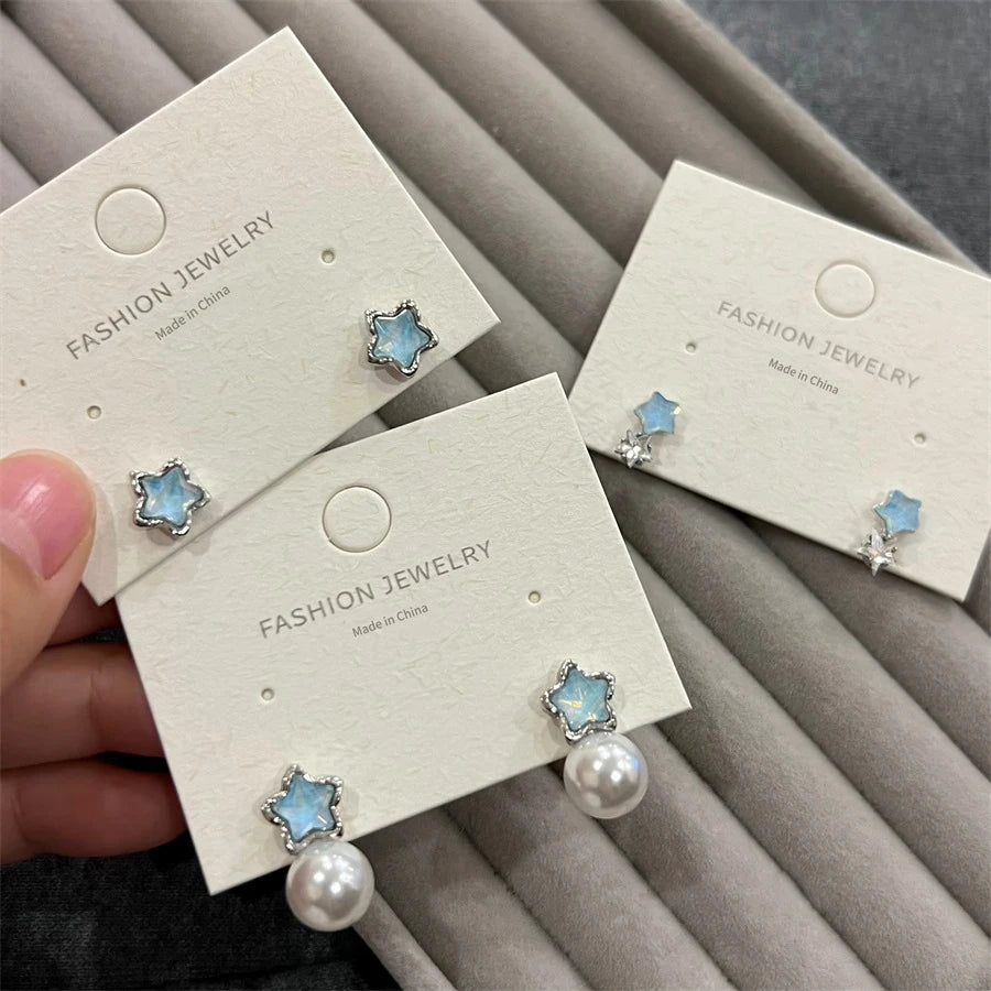 Y2K Korean Blue Crystal Butterfly Star Earrings for Women
