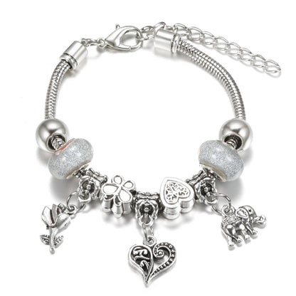 Elegant Heart Lock Charm Beaded Bangle Adjustable Snake Chain Bracelet for Women