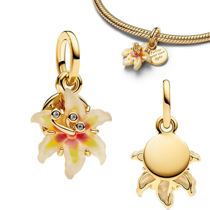 925 Sterling Silver Golden Geometry Charm Set with Heart Star Zircon Beads for DIY Womens Jewelry Gift