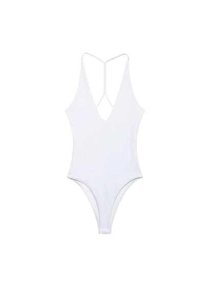 Women Solid Backless Bodysuit Slim V Neck Sling Top