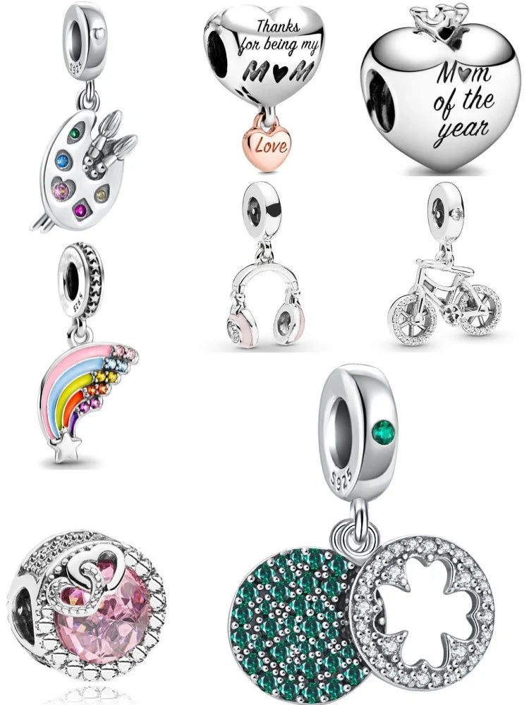 European 925 Silver Green Clover Bicycle Love Pendant Bead for DIY Charm Bracelet and Necklace Jewelry for Women