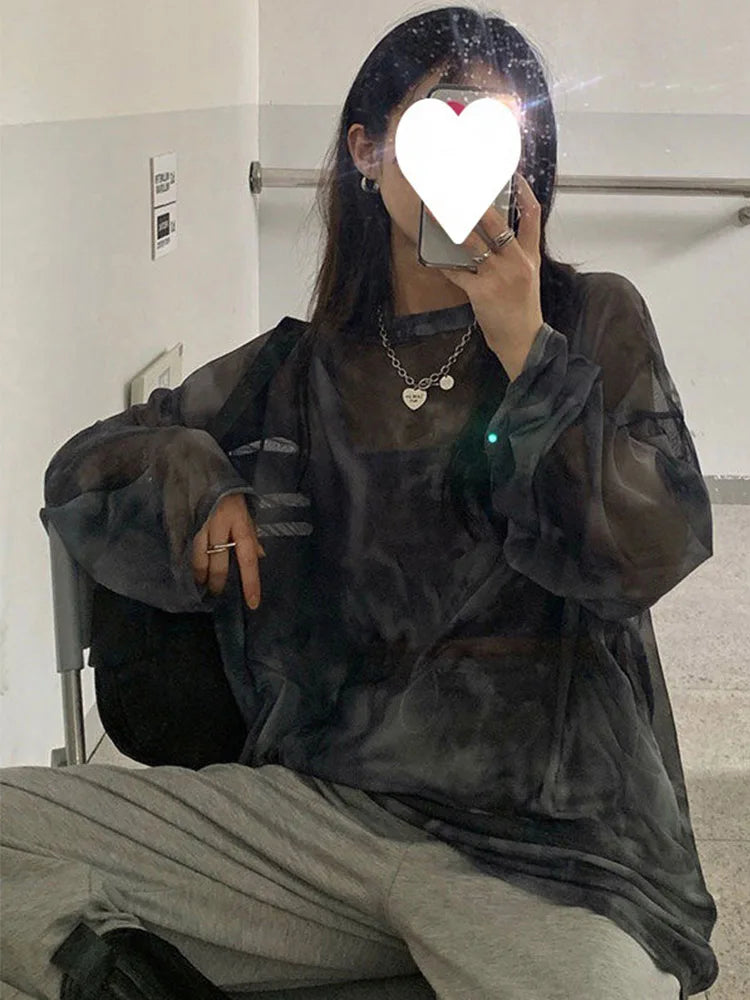 Women Tie Dye T Shirt Long Sleeve Loose Fit Chic DozwCN