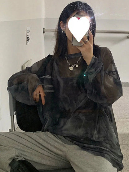Women Tie Dye T Shirt Long Sleeve Loose Fit Chic DozwCN