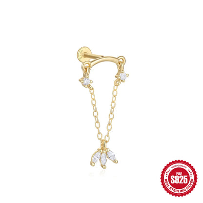 Canner 925 Sterling Silver Tassel Chain Star Mini Zircon Flat Piercing Stud Earrings for Women and Girls