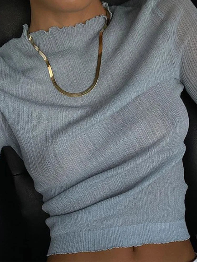 Women Sheer Mock Neck Long Sleeve Top Chic Fall 2024