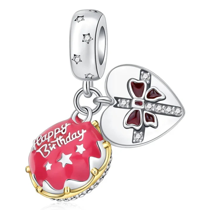 Original 925 Sterling Silver Red Charm Beads Set Heart Cherry Strawberry Flower Fish Zircon Accents for DIY Necklace and Bracelet Jewelry Gift