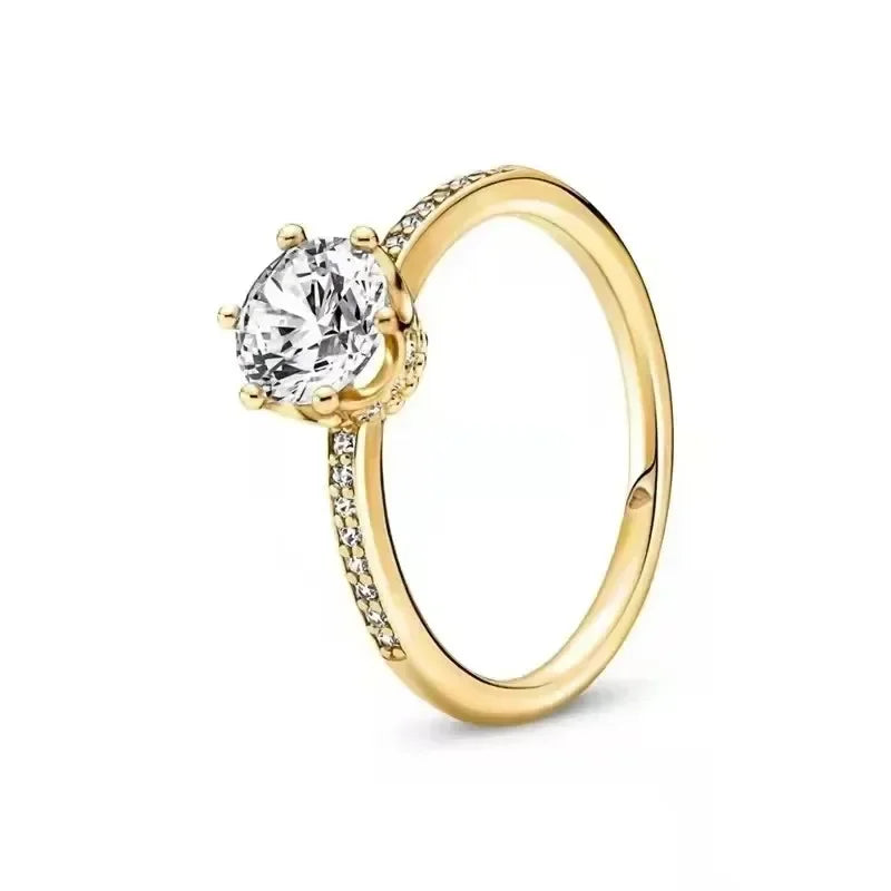 Gold Tone 925 Sterling Silver Square Heart Crown Ring for Women