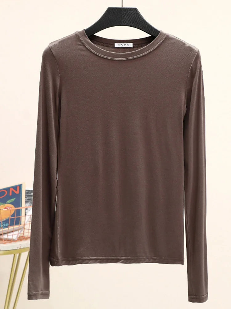 Modal Cotton Long Sleeve O Neck Womens Autumn Basic Tee