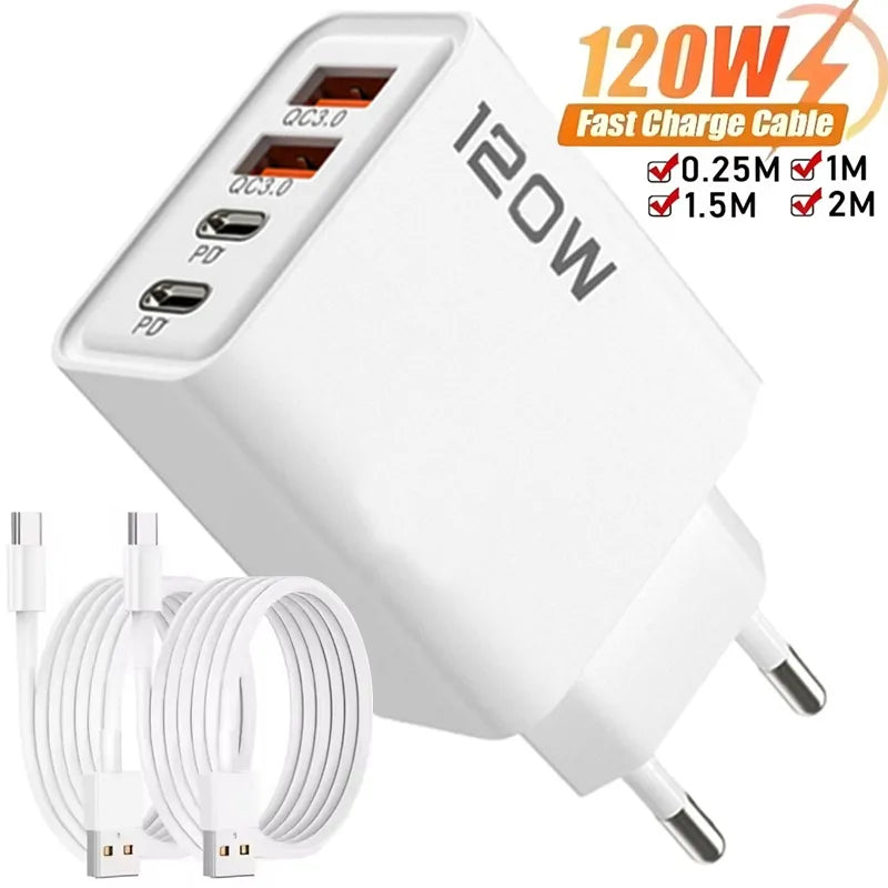 120W 4 Port USB C Fast Charger With Data Cable 2 USB C 2 USB A Ports For Samsung iPhone Xiaomi Huawei