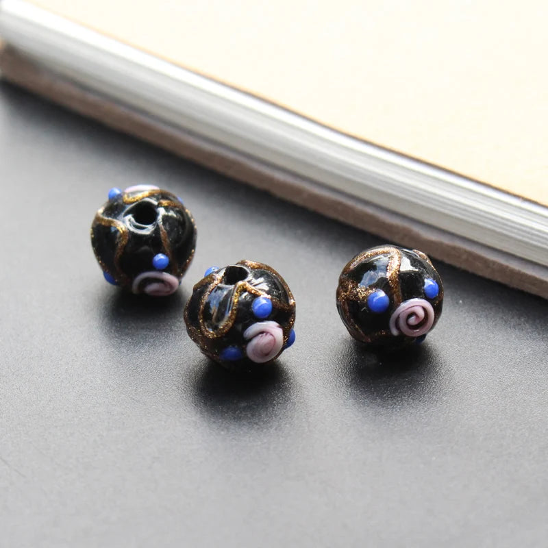 Handmade Lampwork Glass Flower Beads Set with Gold Accents for Jewelry Crafting