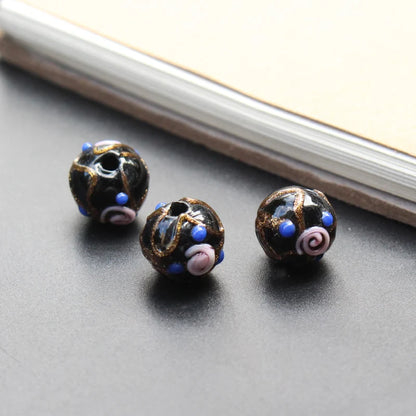 Handmade Lampwork Glass Flower Beads Set with Gold Accents for Jewelry Crafting