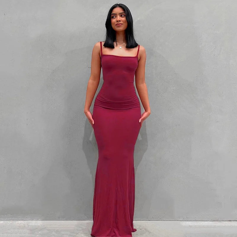 2024 Summer Dresses For Women Sexy Black Spaghetti Strap Maxi Wine Red-Sleeveless