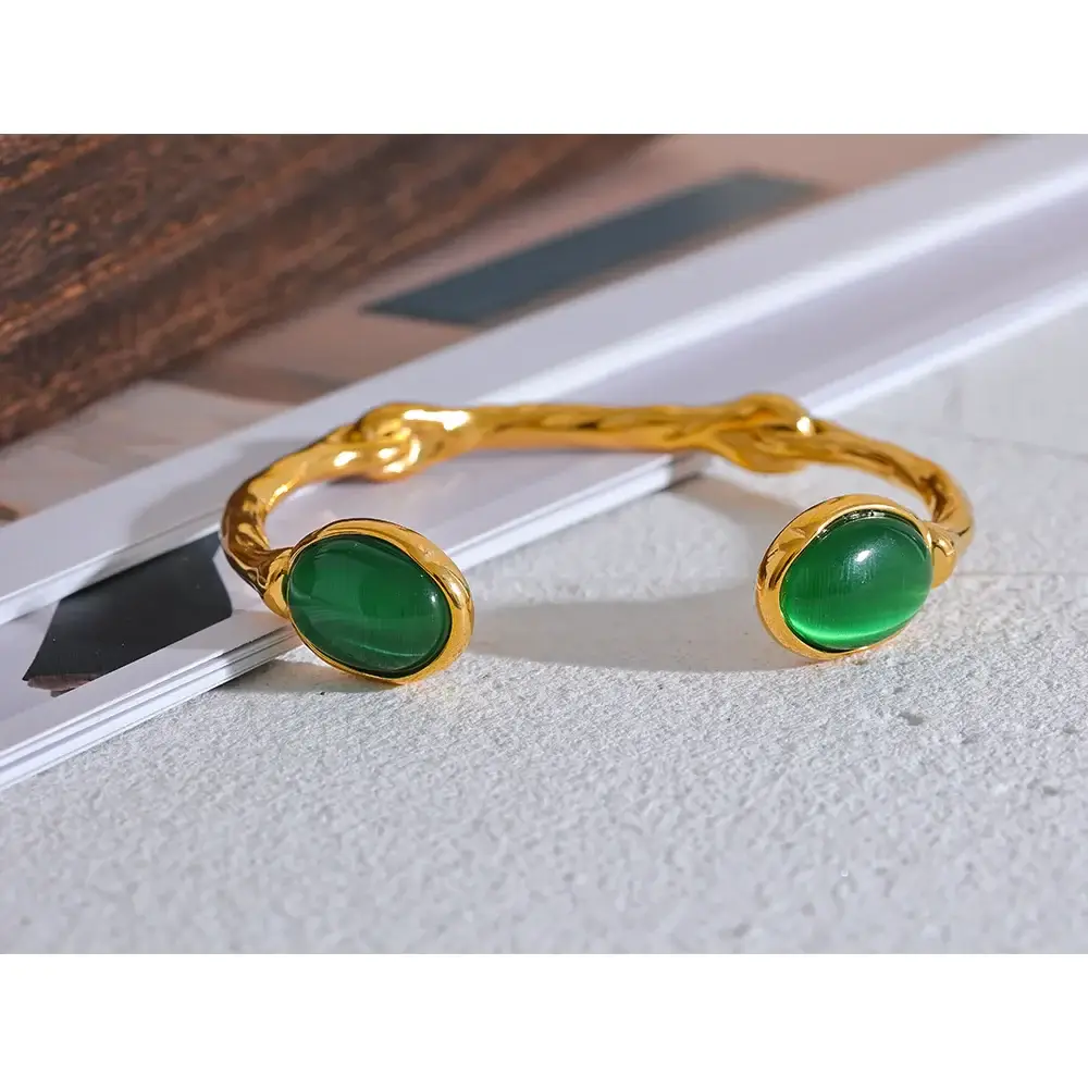 Yhpup Green Natural Stone Gold Cuff Bracelet Bangle
