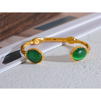 Yhpup Green Natural Stone Gold Cuff Bracelet Bangle