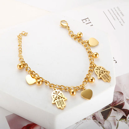 Trendy Gold Plated Stainless Steel Palm Heart Bracelet for Women with Cuban Link Chain and Round Ball Design