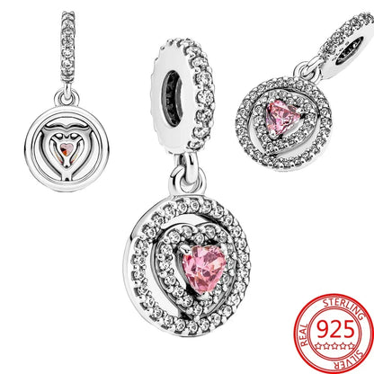 Original 925 Sterling Silver Four Leaf Clover and Heart Double Dangle Charm for Necklace and Bracelet Friendship Jewelry with Zircon Accents