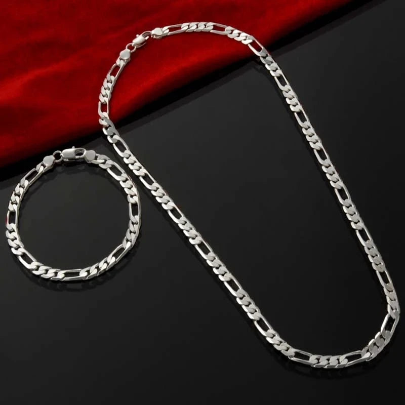 Noble 925 Silver 4MM Chain Jewelry Set Bracelet and Necklace for Men and Women