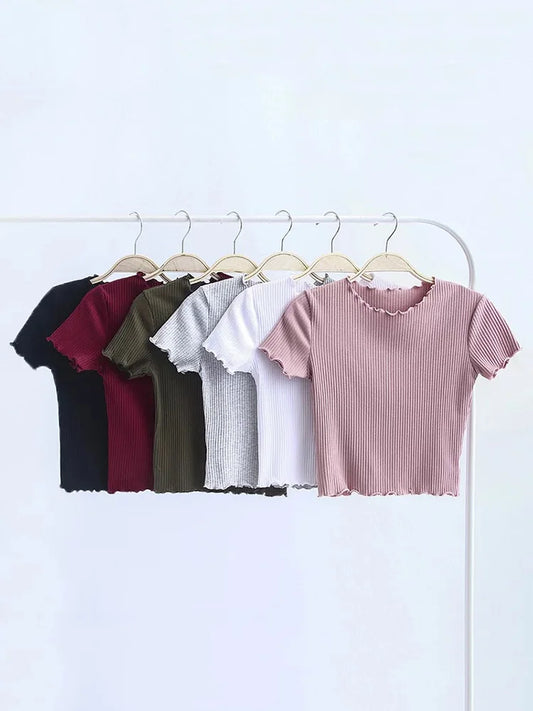 Vintage Ribbed O Neck Tee for Women Slim Fit Short Sleeve