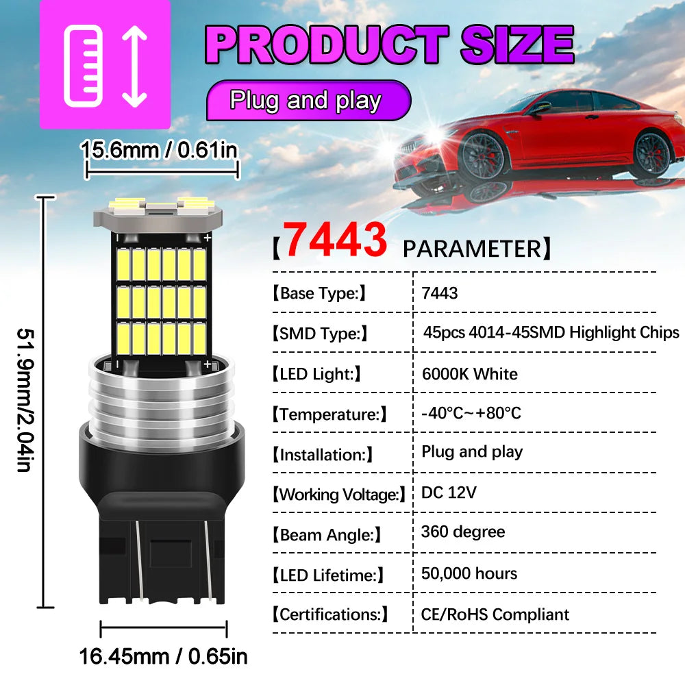 Roadsun 2 PCS 7443 LED Bulbs CANBUS 6W 12V 6500K Super Bright White Car Tail Brake Turn Signal Lights