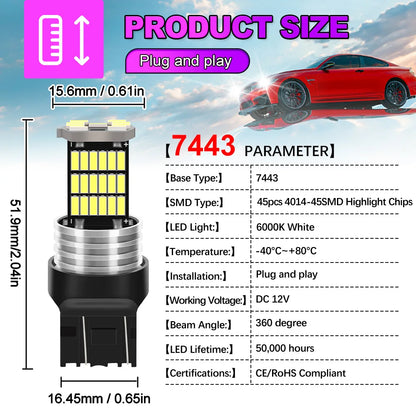 Roadsun 2 PCS 7443 LED Bulbs CANBUS 6W 12V 6500K Super Bright White Car Tail Brake Turn Signal Lights