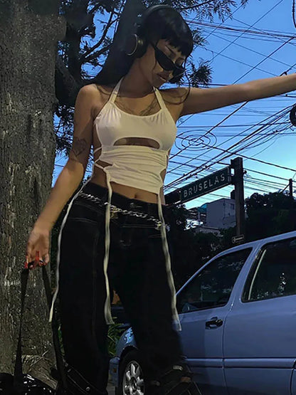 Y2K Backless White Crop Top Hollow Out Bandage Halter Tank
