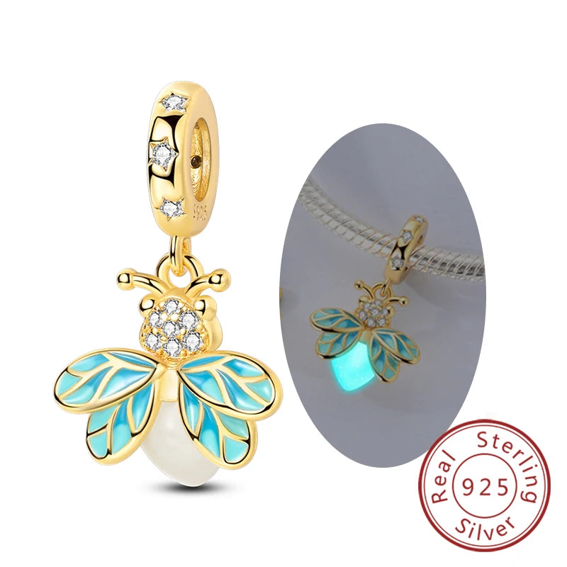 Glowing Firefly Butterfly Charm Bead 925 Sterling Silver Pendant for Bracelets KTC1416