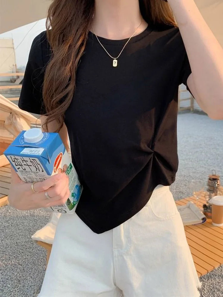 Y2K Irregular Slim O Neck Tee Women Summer Skinny Solid