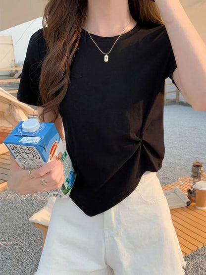 Y2K Irregular Slim O Neck Tee Women Summer Skinny Solid