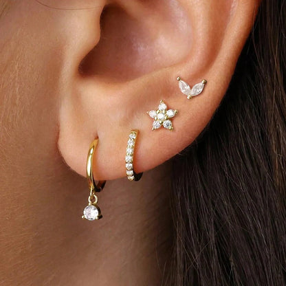 4PCS Gold Plated Stainless Steel Cubic Zirconia Star Leaves Hoop Earrings Set for Women
