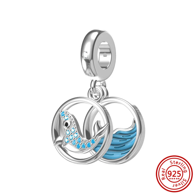 Sterling Silver Blue Zircon Feather Crown Moon Pendant Charm Bracelet Beads N503 3mm-4mm