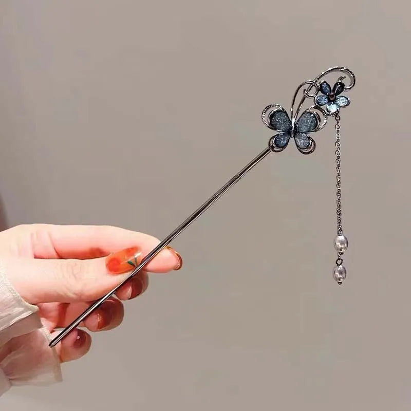 Vintage Chinese Ink Flower Tassel Hairpin With Black Beads Fringe For Women